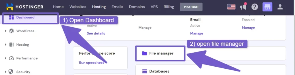 Access your hosting dashboard and go to file manager