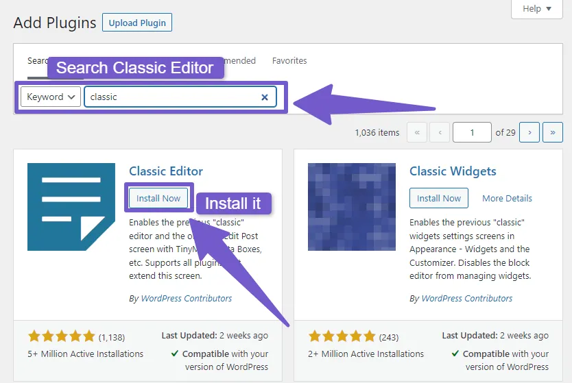 Adding Classic editor to WordPress