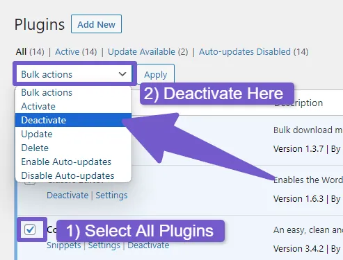 Bulk deactivting all plugins in WordPress