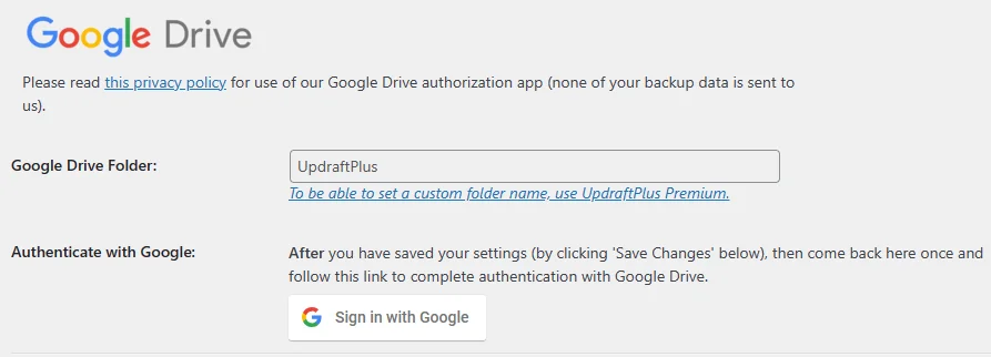 Google drive cloud storage in UpdraftPlus