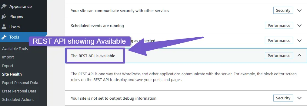 REST Api status available in tools settings