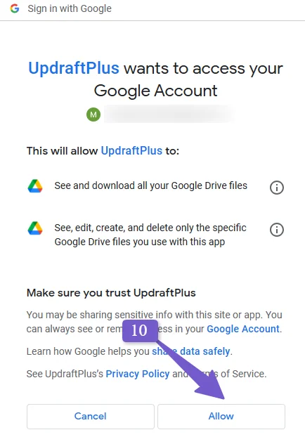 allow Updraft to access google drive