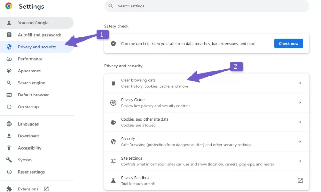 browser cache and cookies settings