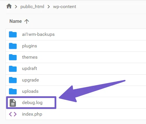 debug.log file in wp content directory
