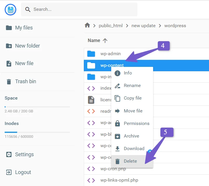 delete the wp-content folder from wordpress new update folder