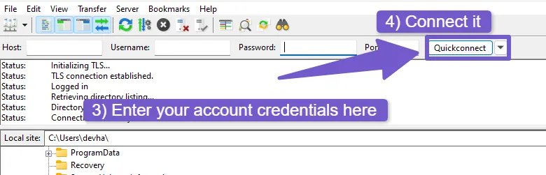 enter your FTP credentials in filezilla