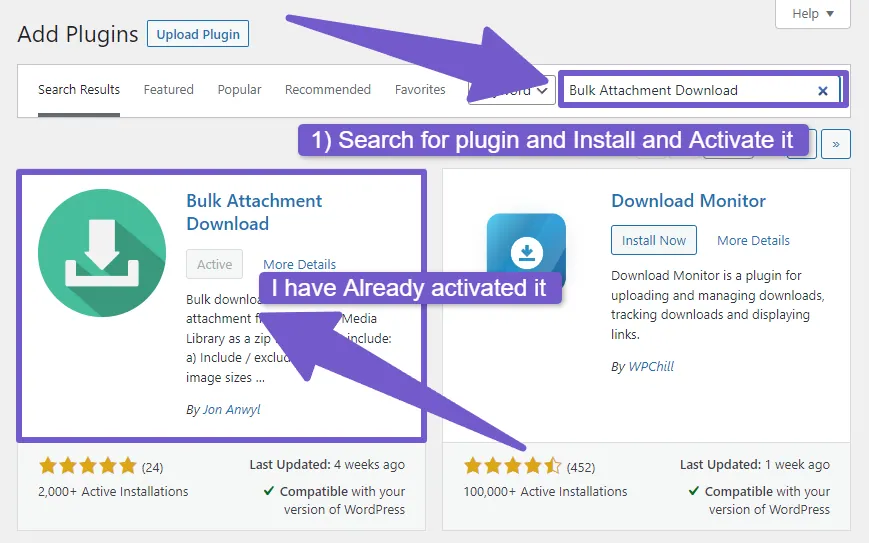 install and activate the Bulk Attachment Download plugin on your website