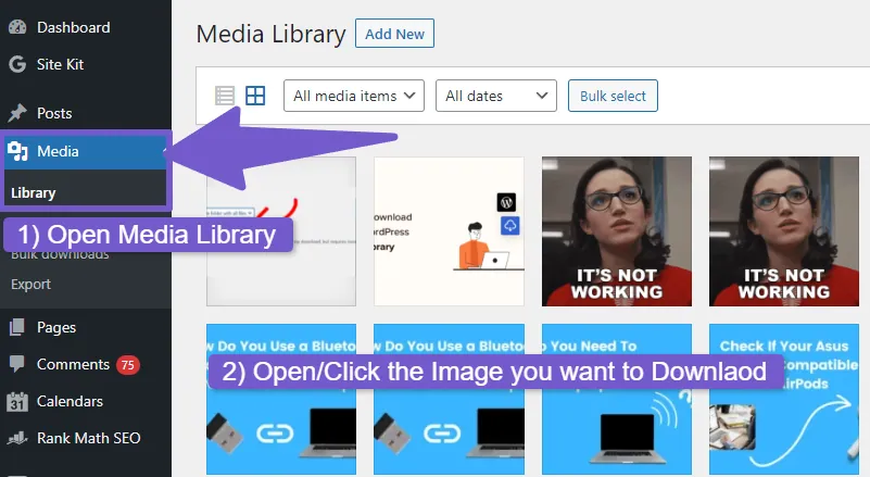 open on Media library in WordPress