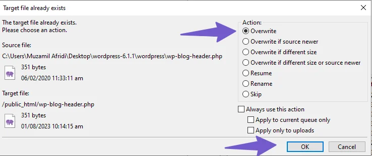 overwrite existing files with new wordpress update files