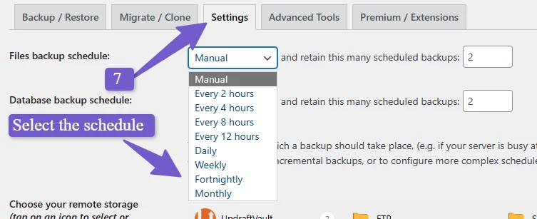  updraftplus schedule backup settings 