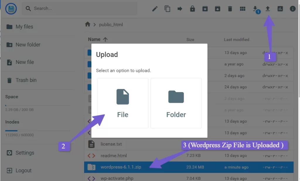 upload wordpress update zip file to FIle manager