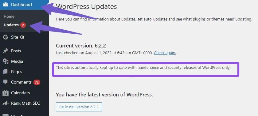 wordpress is up to date message 