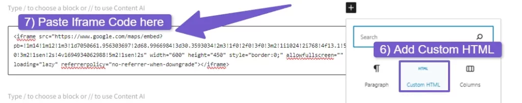 Add custom HTML block in WordPress to add iframe code