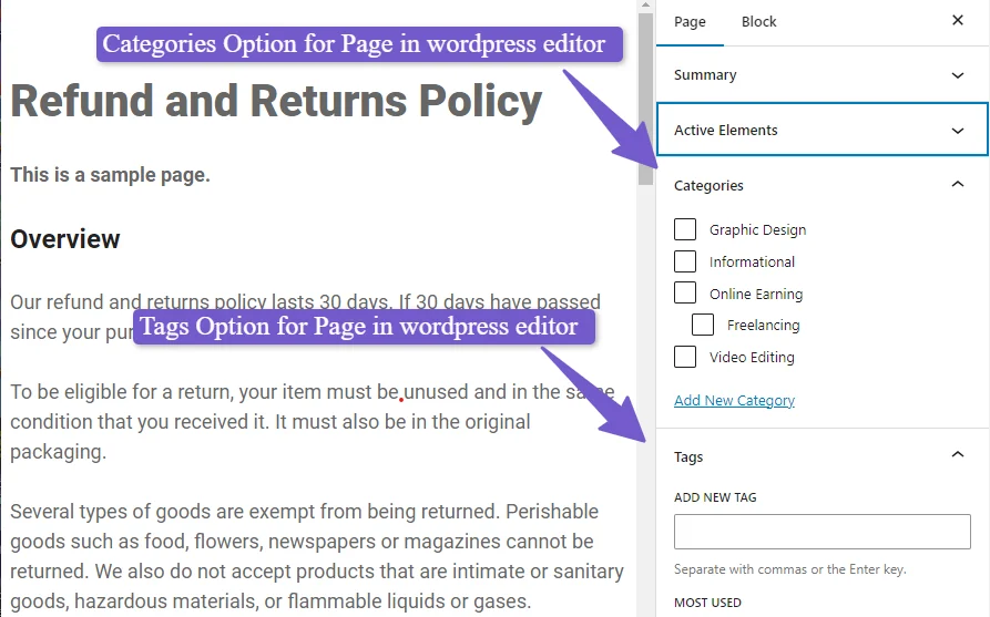 Categories and Tags Option for pages in wordpress Editor