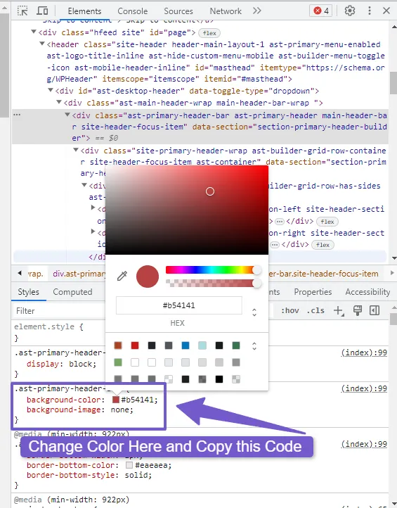 Change header color in styles tab and copy this code