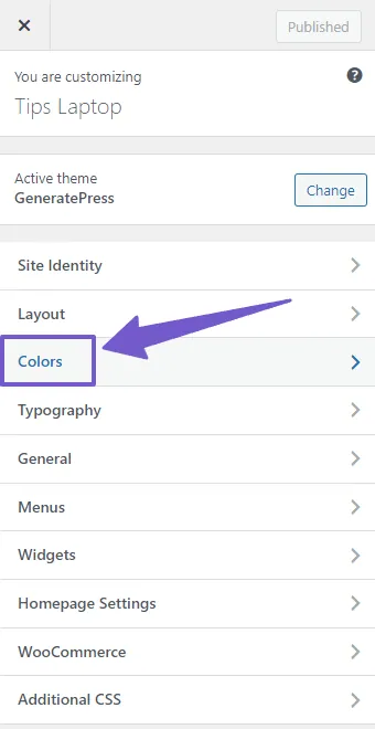 Go to colors in generatepress theme customization