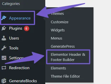 Open the elementor header and footer builder plugin tab