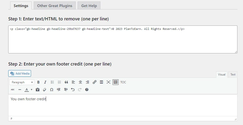 Paste the HTML code in Remove credit footer plugin two boxes