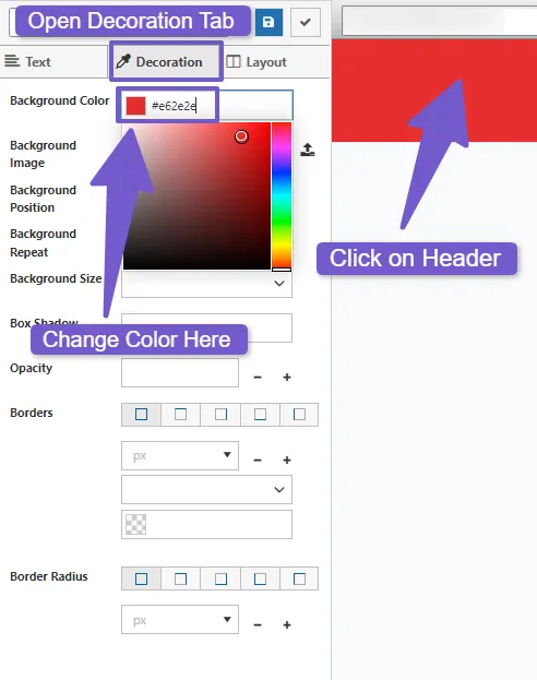 There click on header to select it, then click on decoration, and change color here