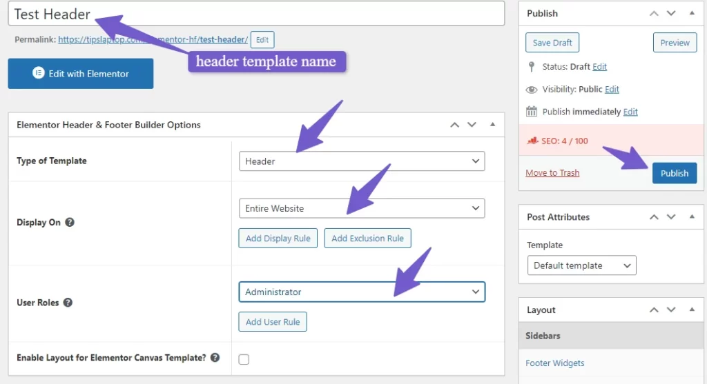 configure header and footer settings