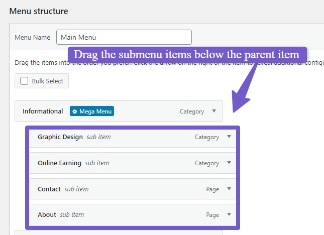 drag the submenu items under the parent 