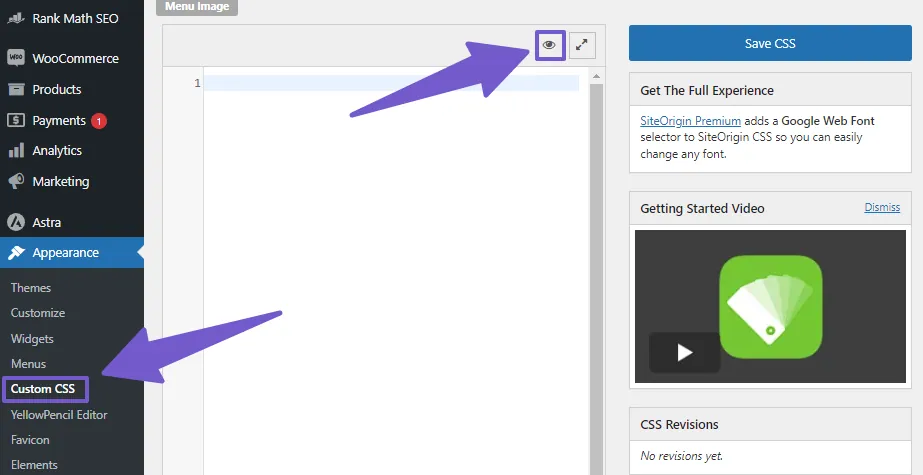 going to site origin custom css tab in appearance, then click on eye icon to open visual editor