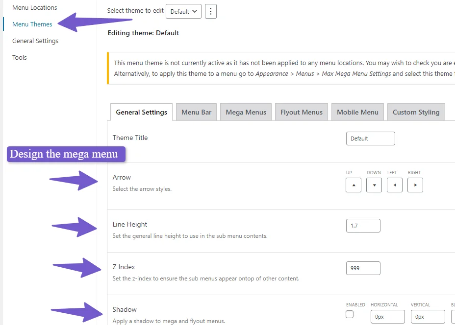 max mega menu design settings