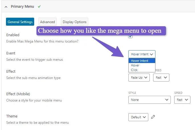 max mega menu evenet settings