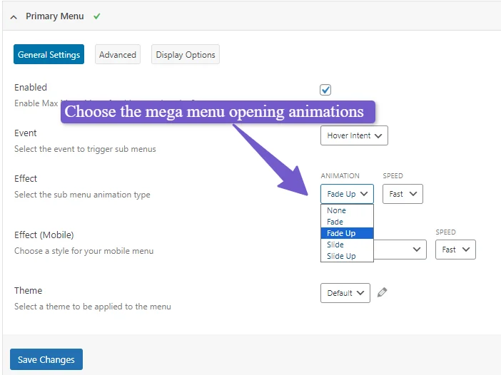 max mega menu opening animation settings