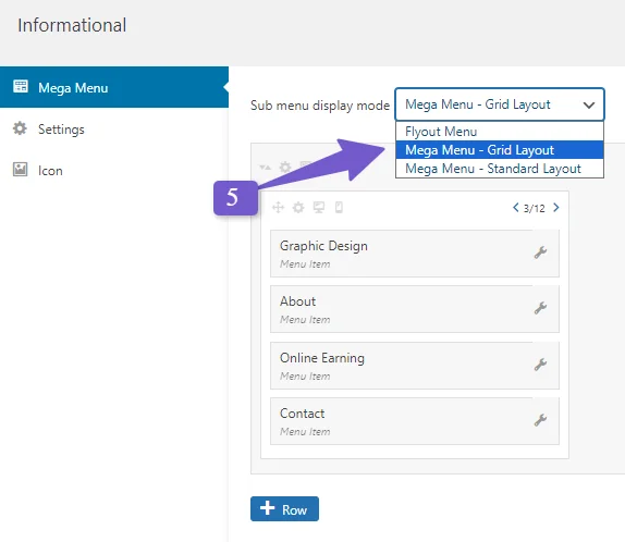 mega menu grid layout settings