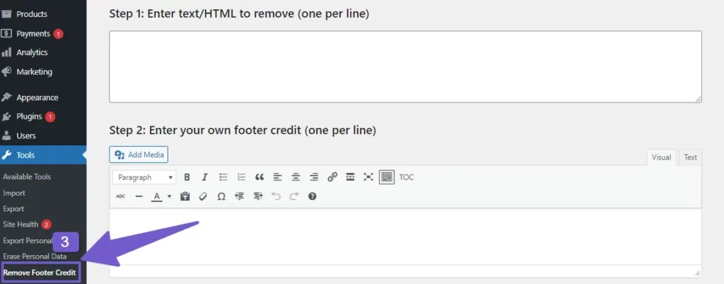 remove footer credit plugin settings