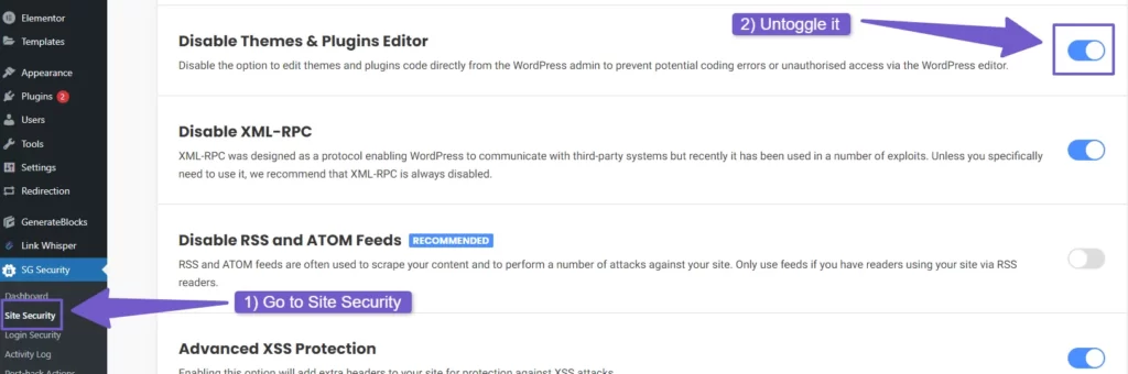 siteground plugin settings to uncheck the disable theme and plugin editor plugin option
