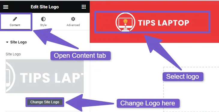 Change site logo here in content tab of elementor