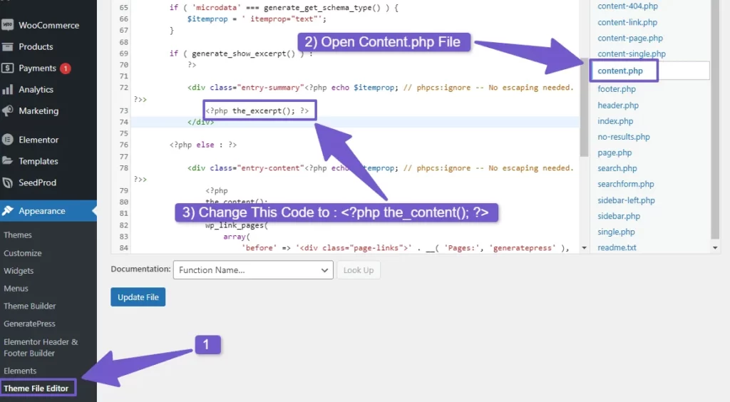 Changing php code in content.php file in theme editor