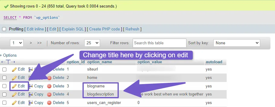 Click on edit and change title and tagline in option_name blogname and  blog description