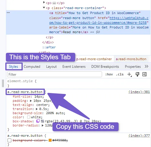 Copy the class name from styles tab