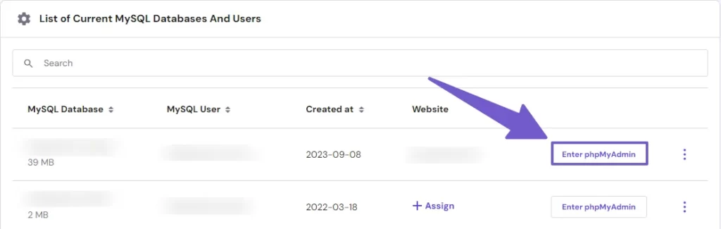 Go to databases and click on Enter phpMyAdmin button on your site to open database