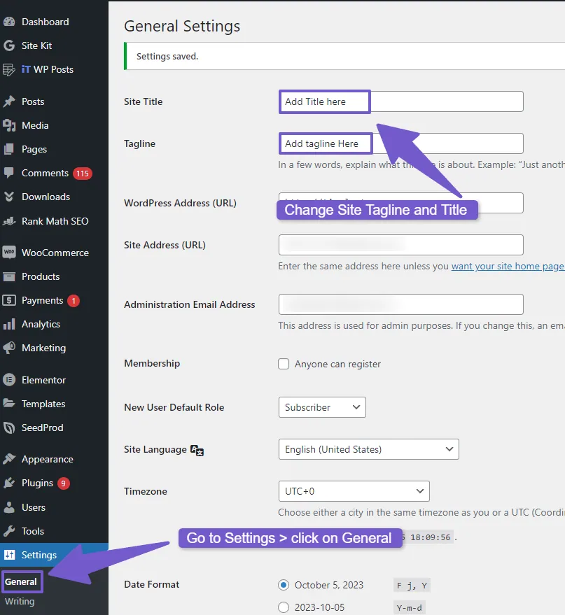 Going to WordPress Dashboard, then settings, there click on General and change site title