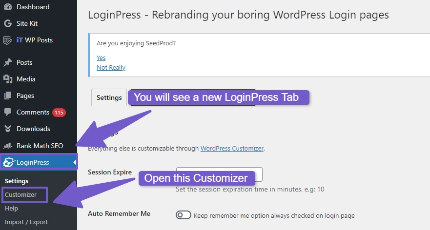 In WordPress Dashboard go to LoginPress then click on Customizer
