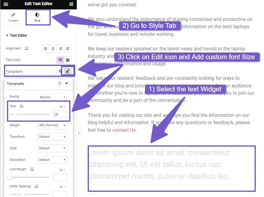 In elementor, you can change font size by clicking on text widget, in style tab click on typography,