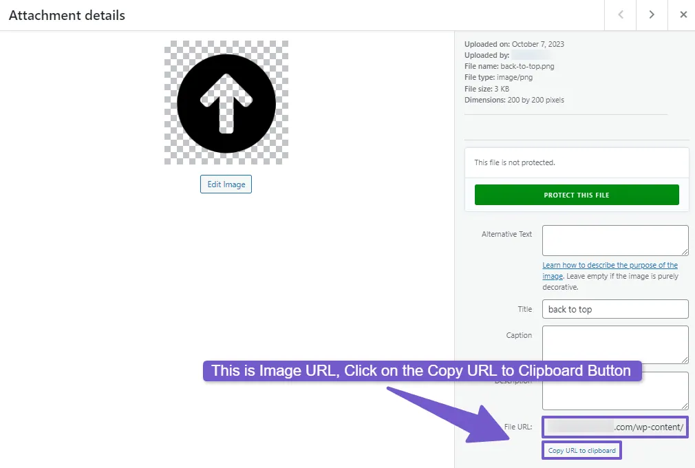 Once the image is opened in new window, there copy the URL from File URL field