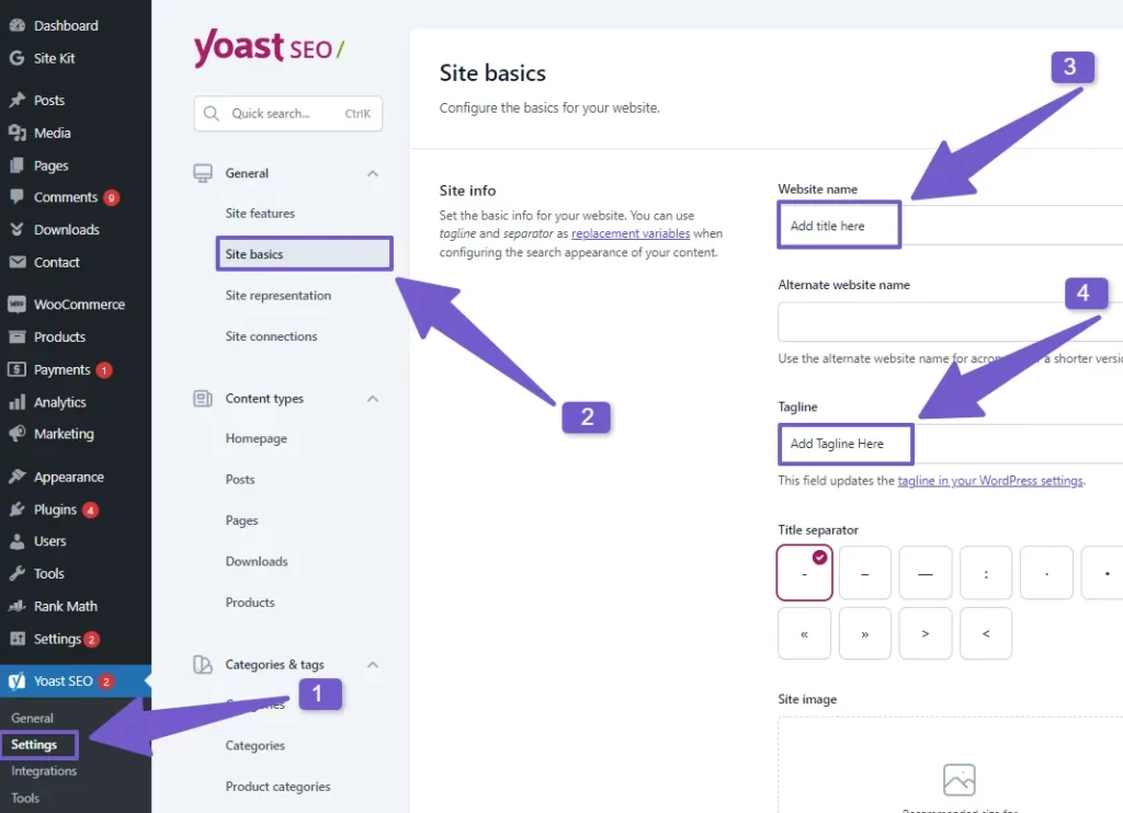 Open Yoast SEO Tab, go to settings, general, site basics and there change title