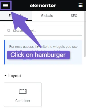 Open any page with elementor, in top left corner, click on hamburger