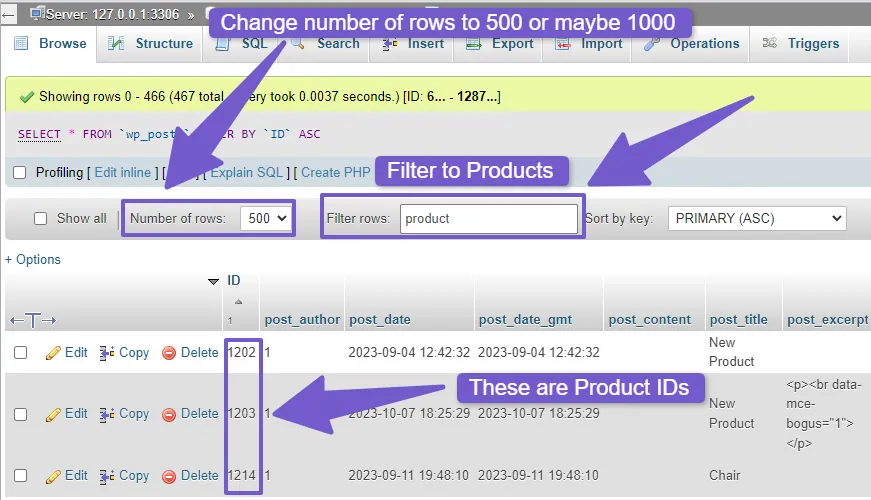 Seeing product ID in wp_posts table