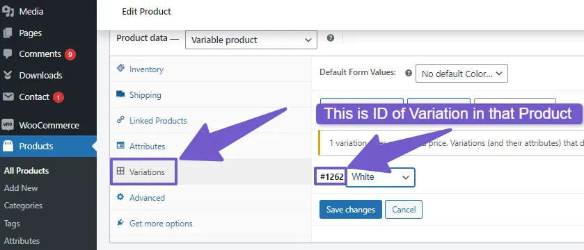 checking ID of variable products in variable Tab