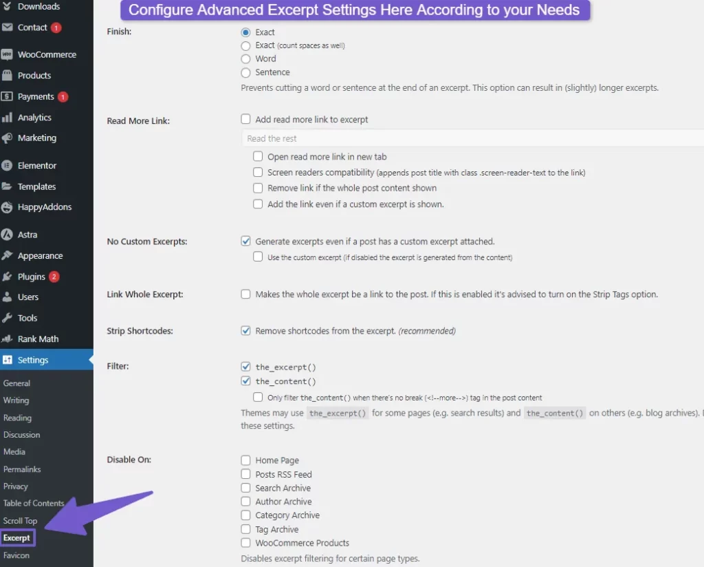 configure advanced excerpt settings here