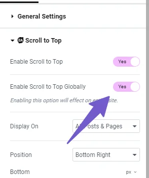 enable scroll to top globally on elementor