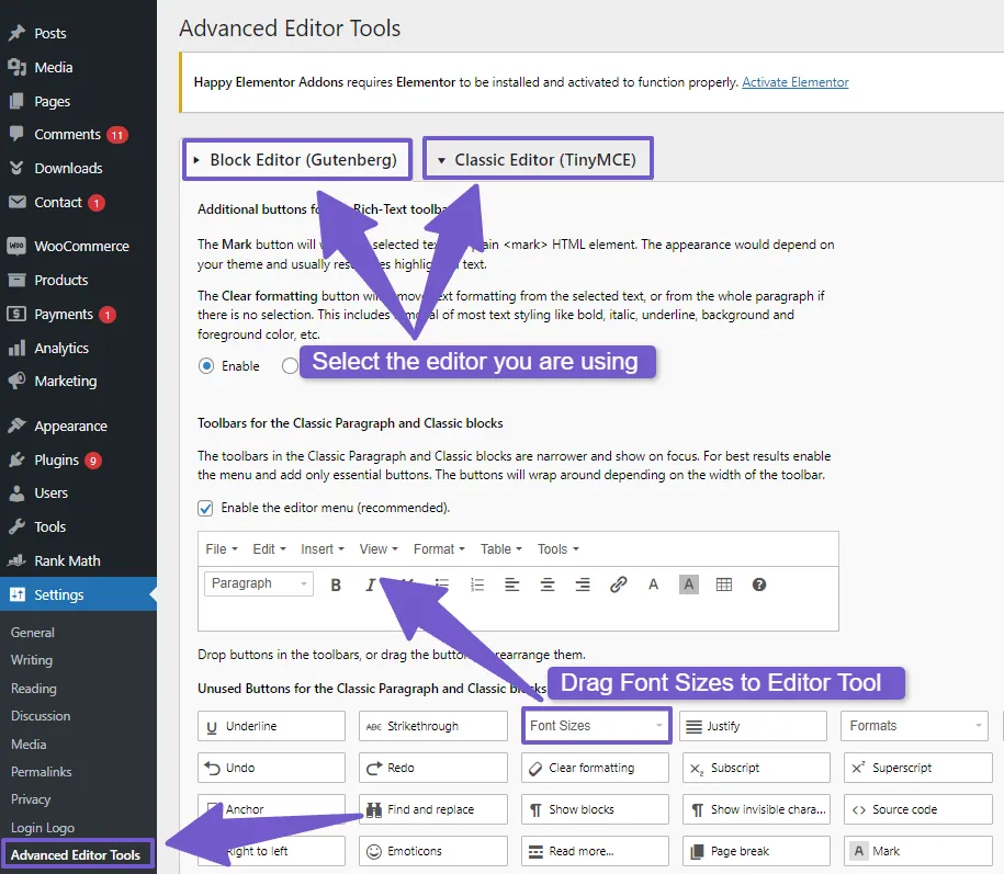 go to WordPress settings, then click on Advanced Editor tools here drag Adding font sizes option to Editor Tool bar