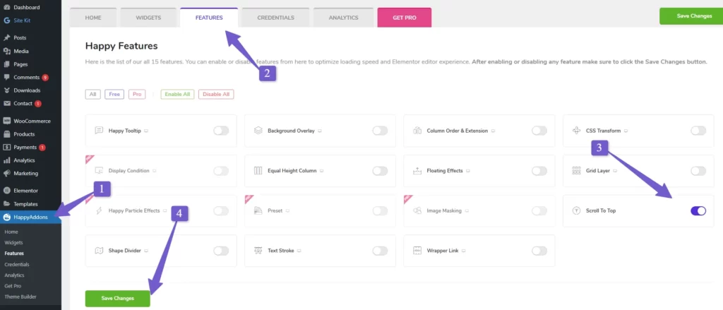 happy addons settings to enable back to top button in elementor