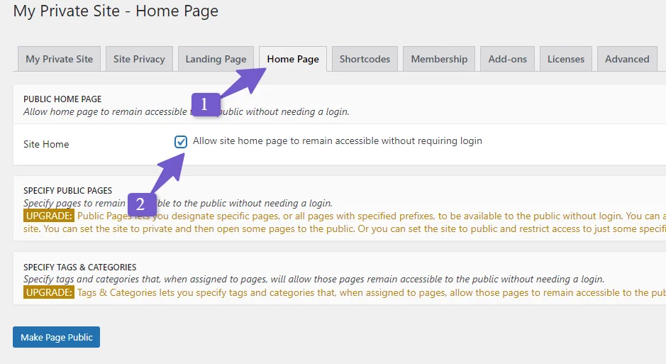 make the home page public in private site